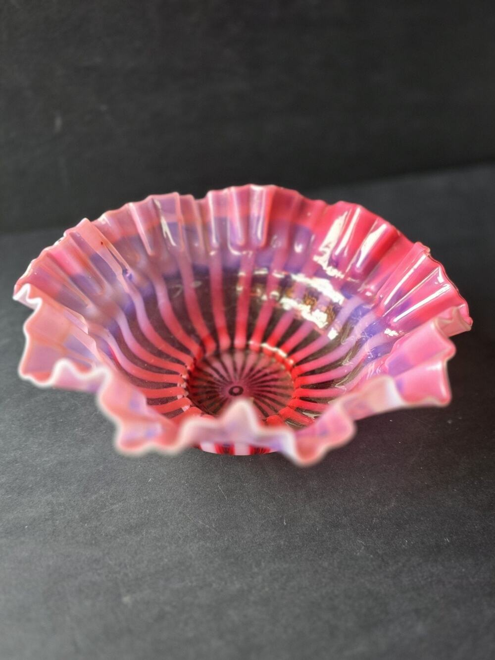 Vintage Pink Striped Hand Blown Art Glass Ruffled Bowl Candy Dish Decor